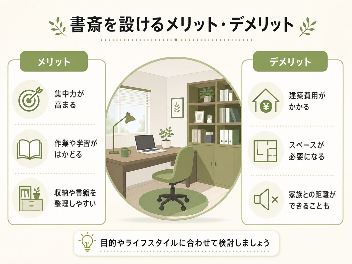 間取り 注意点の書斎を設けるメリット・デメリットを表す図解イラスト
