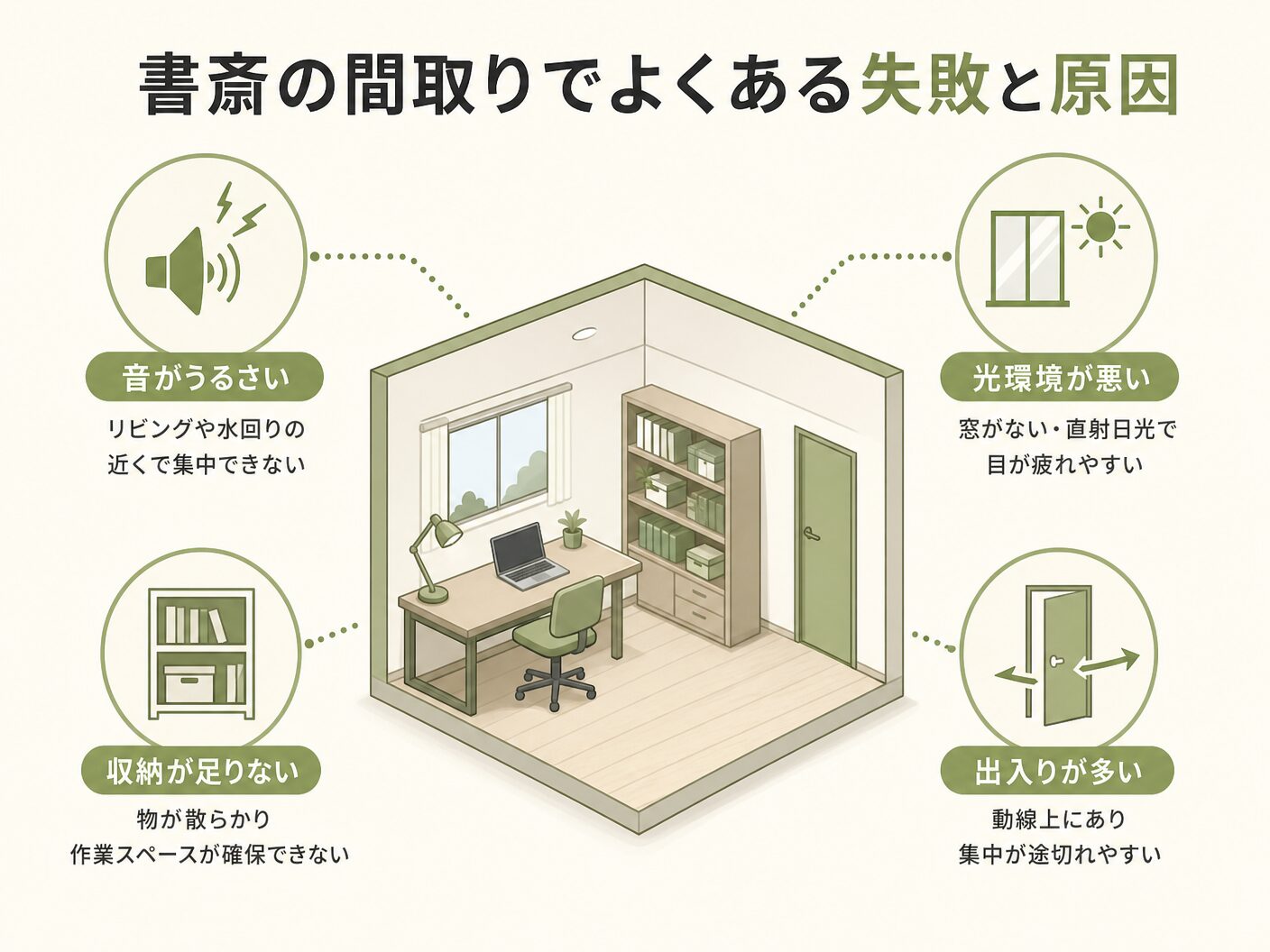注意点の書斎の間取りでよくある失敗と原因を表す図解イラスト