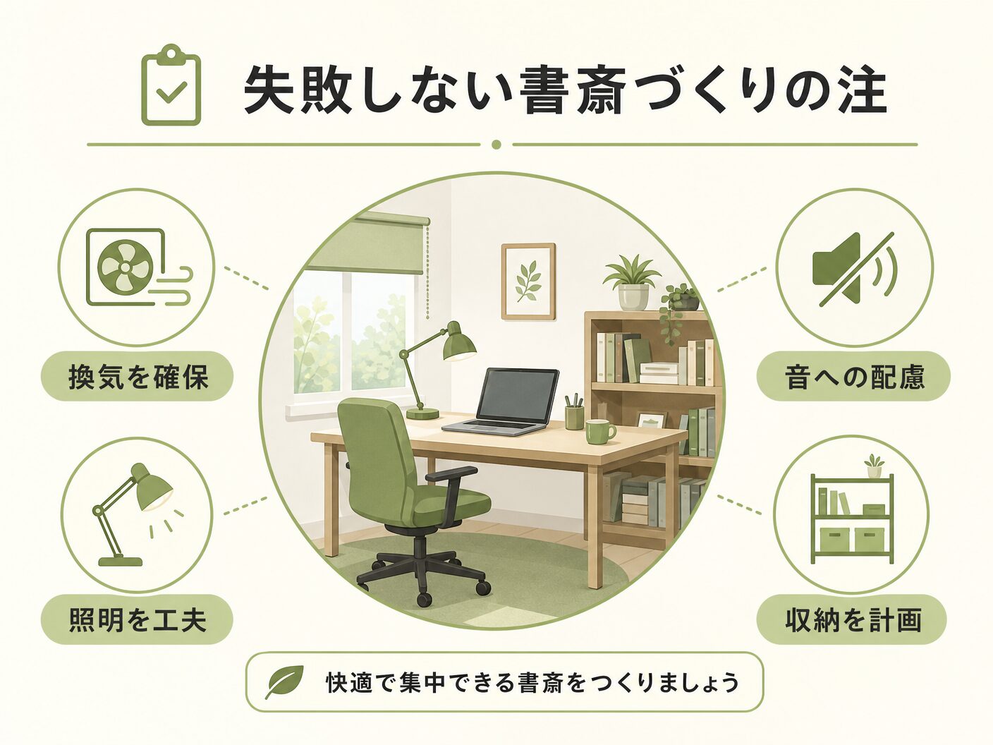 間取りの失敗しない書斎づくりの注意点を表す図解イラスト