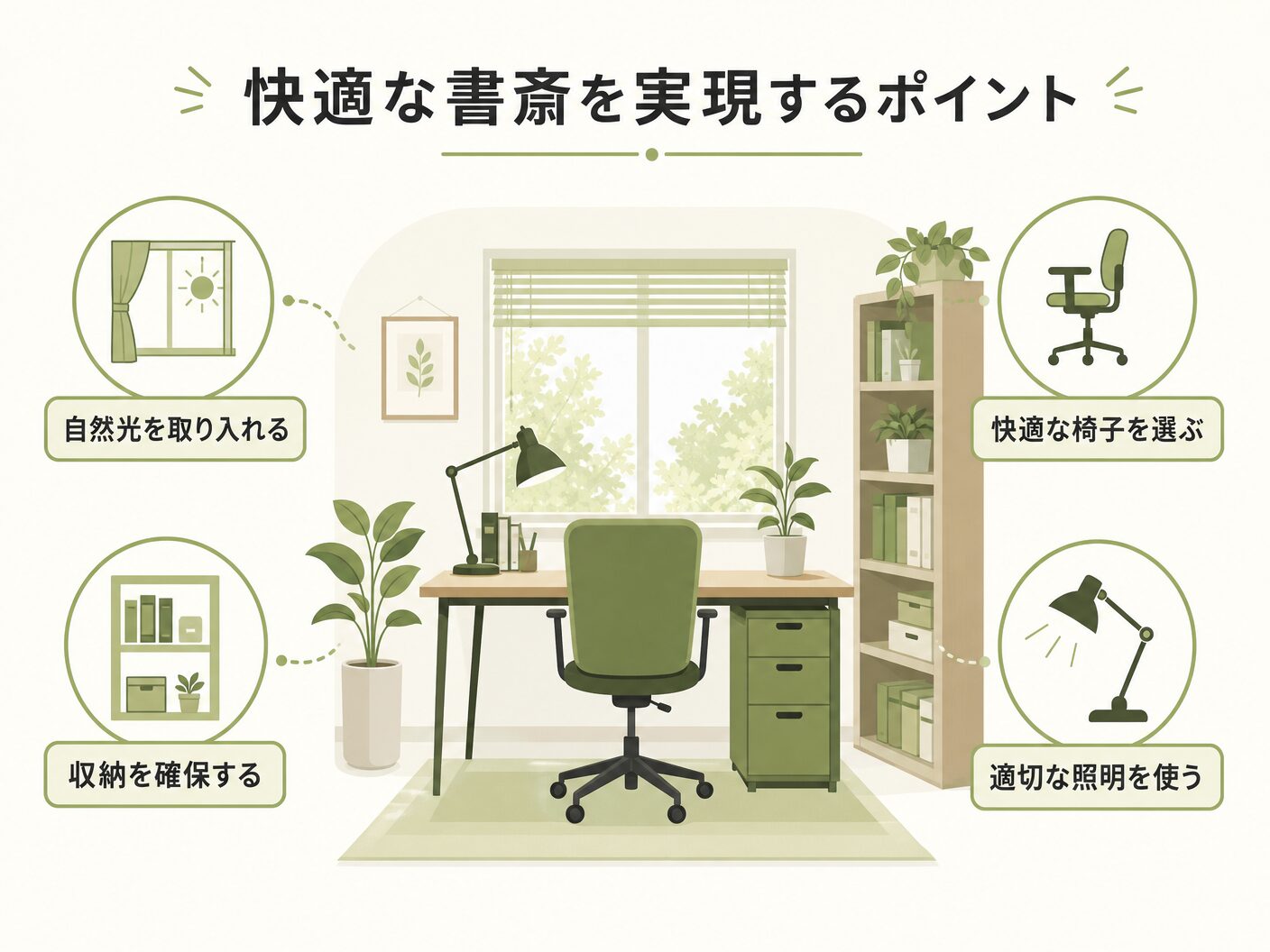 間取り 注意点の快適な書斎を実現するポイントを表す図解イラスト