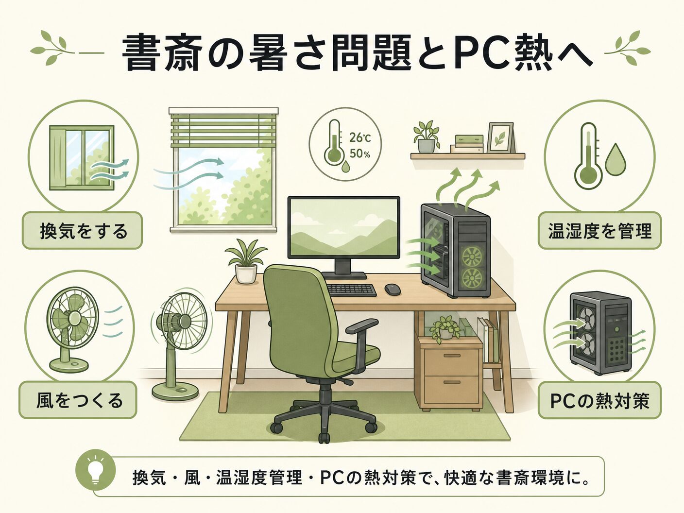 間取り 注意点の書斎の暑さ問題とPC熱への対処を表す図解イラスト