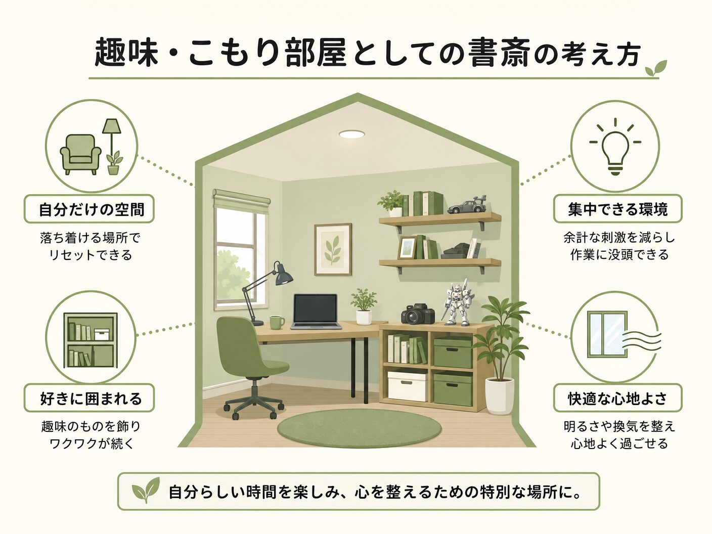 間取り 注意点の趣味・こもり部屋としての書斎の考え方を表す図解イラスト