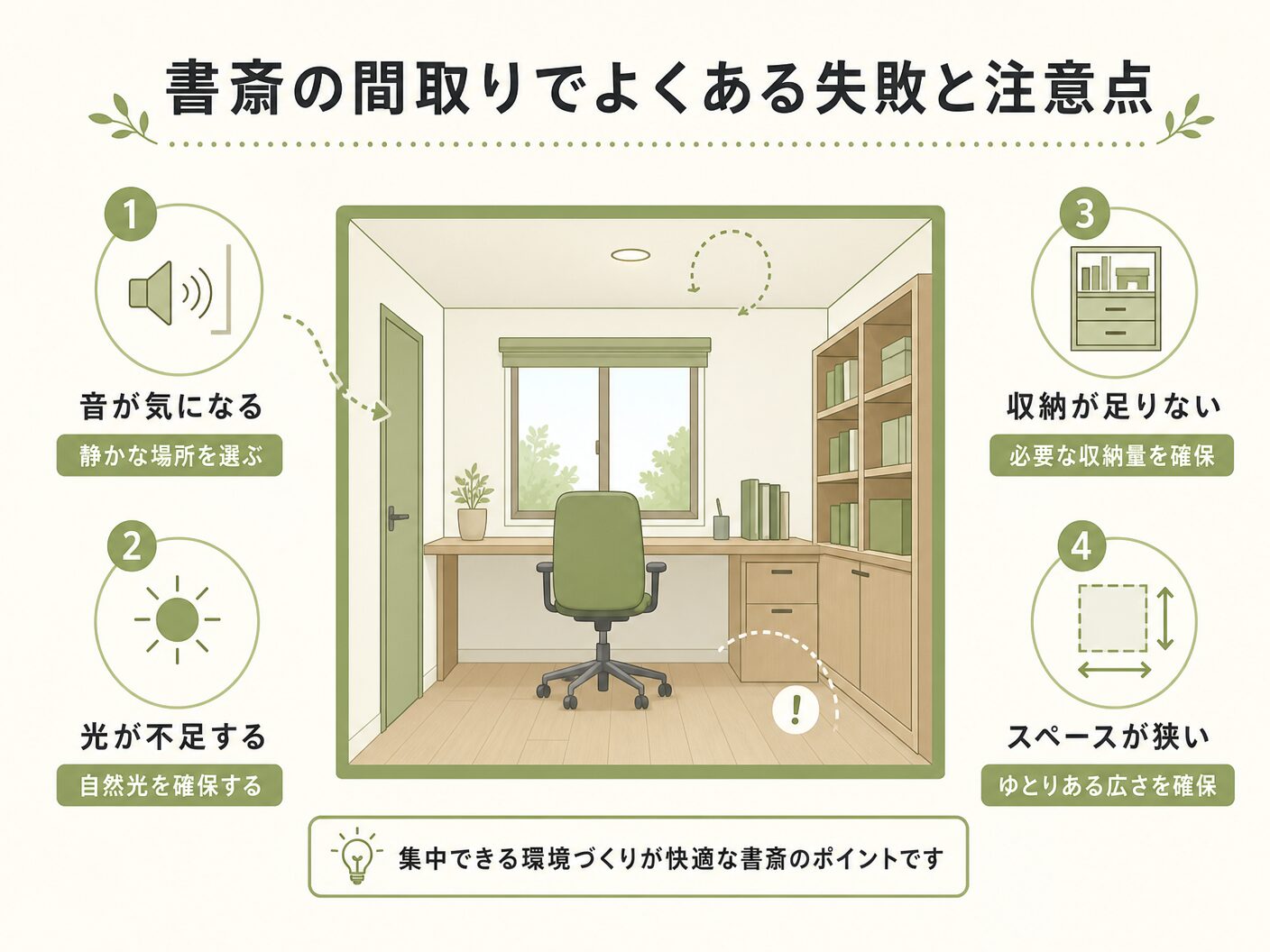 書斎の間取りでよくある失敗と注意点を表す図解イラスト