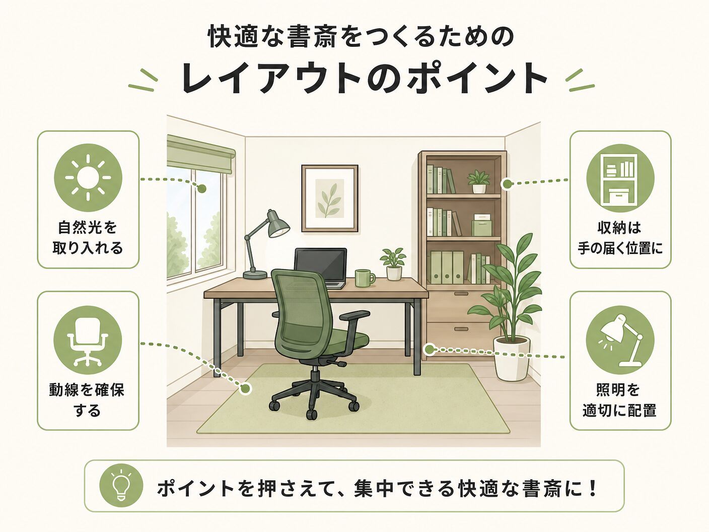 間取り 注意点の快適な書斎をつくるためのレイアウトのポイントを表す図解イラスト