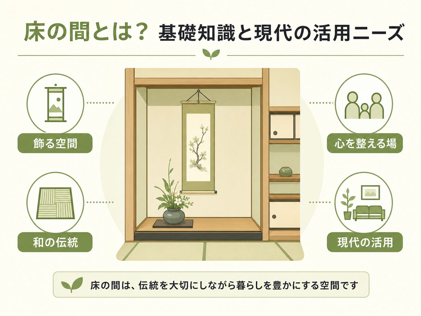リフォーム 費用の床の間とは？基礎知識と現代の活用ニーズを表す図解イラスト