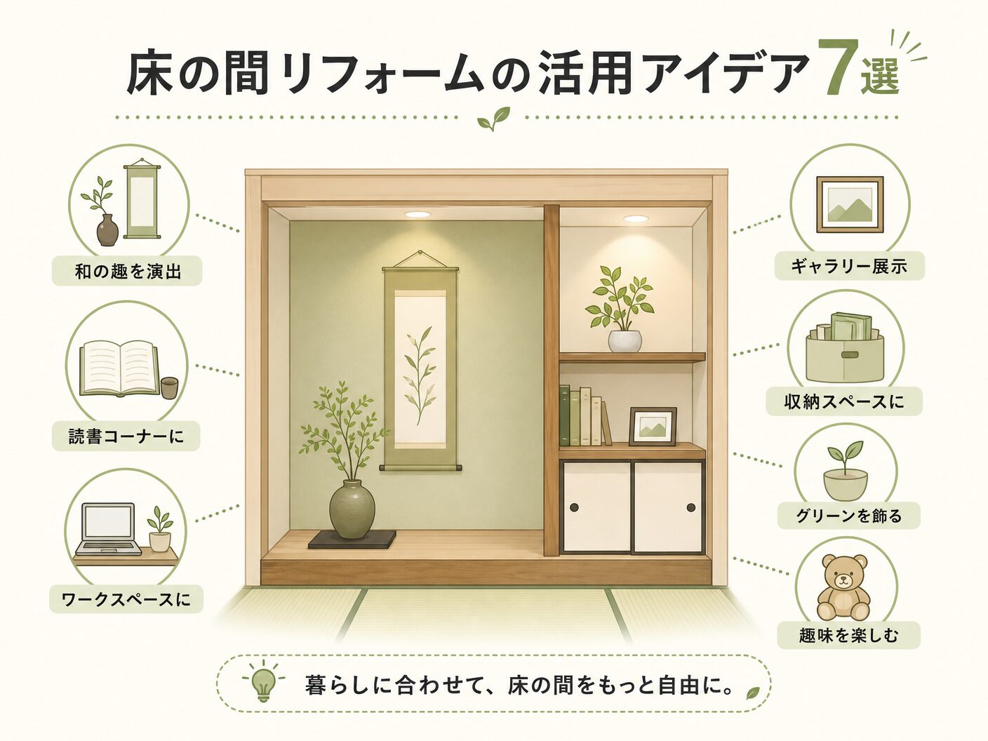 費用の床の間リフォームの活用アイデア7選を表す図解イラスト