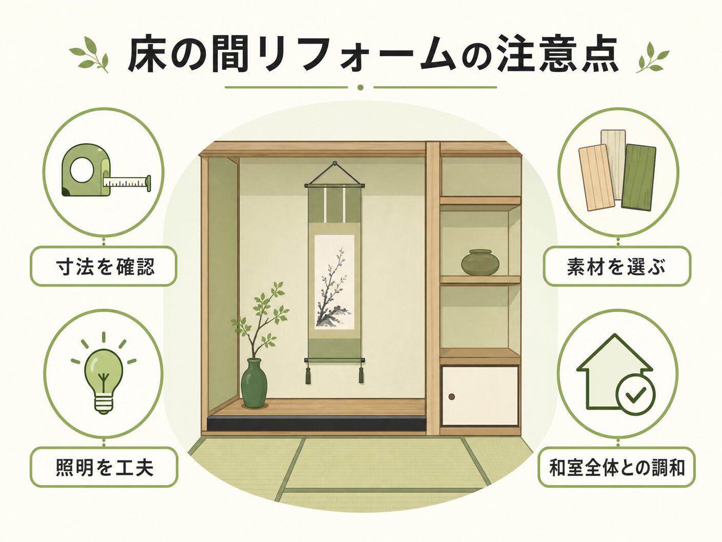 費用の床の間リフォームの注意点を表す図解イラスト