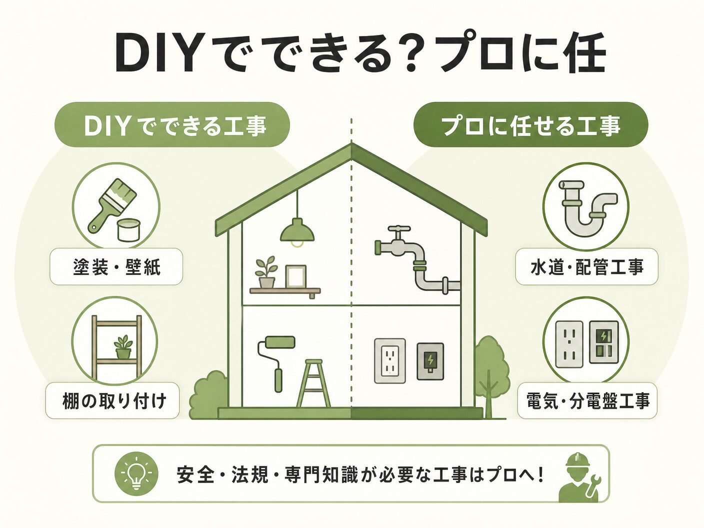 床の間 リフォーム 費用のDIYでできる？プロに任せるべき工事とはを表す図解イラスト