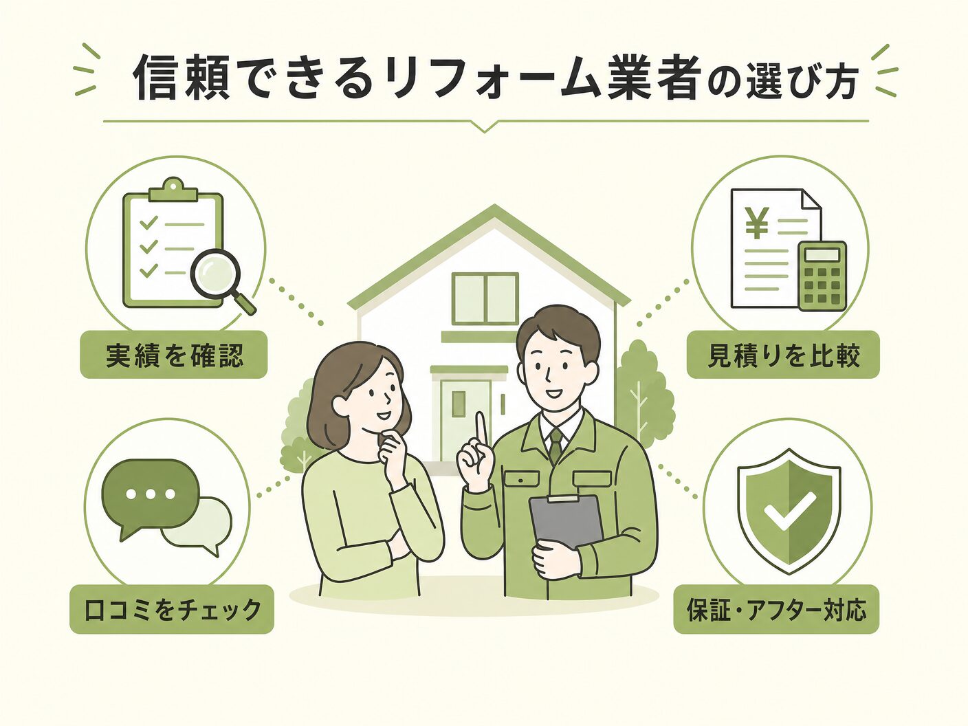 床の間 費用の信頼できるリフォーム業者の選び方を表す図解イラスト