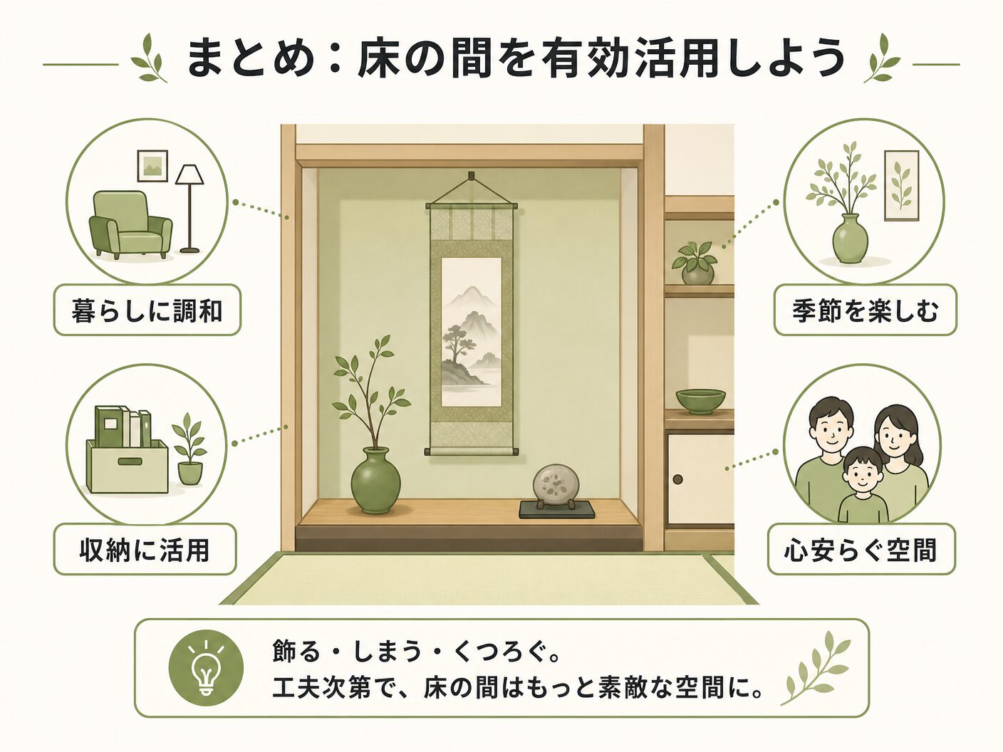 リフォーム 費用のまとめ：床の間を有効活用しようを表す図解イラスト