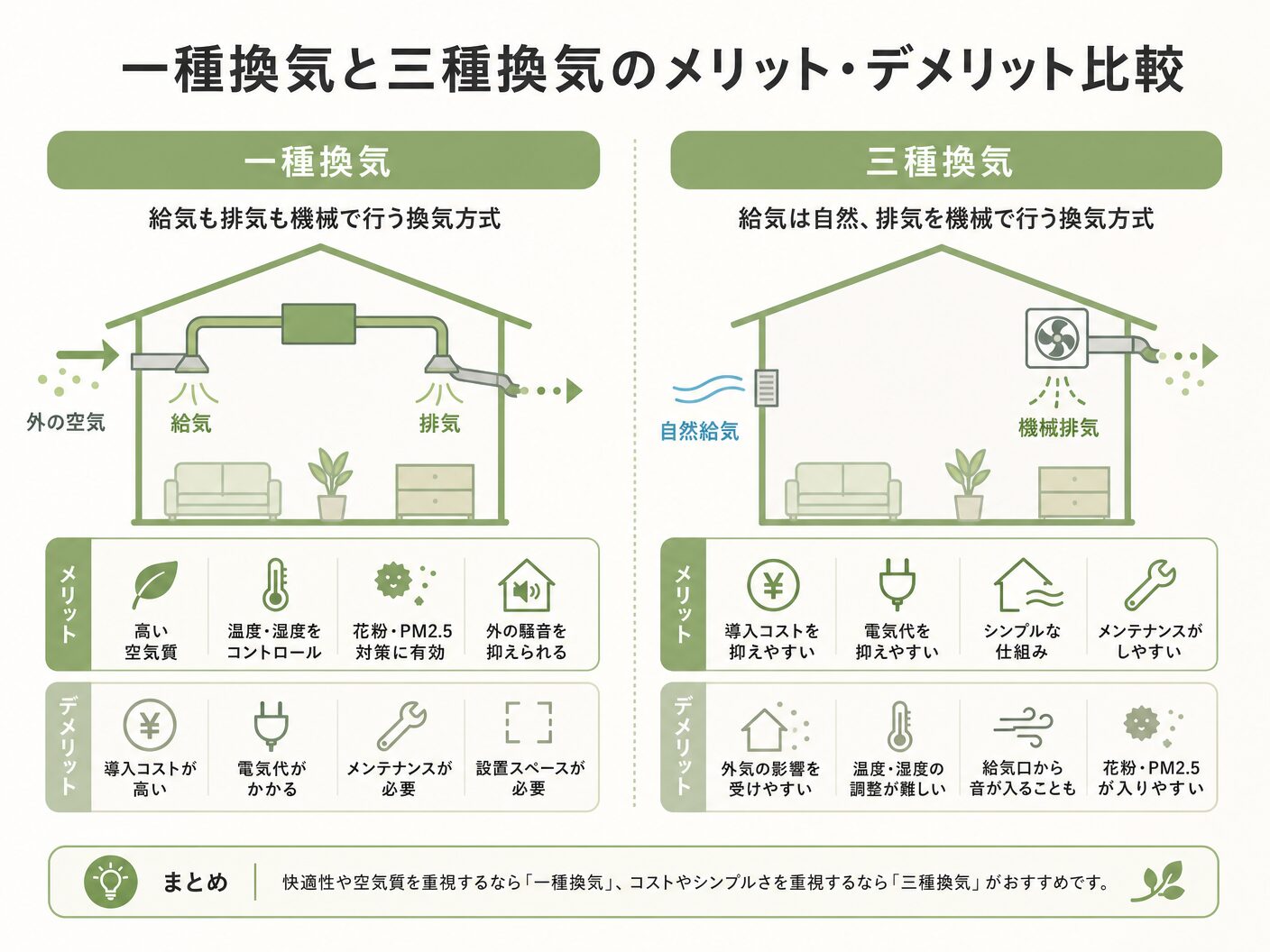 一種換気と三種換気のメリット・デメリット比較を表す図解イラスト