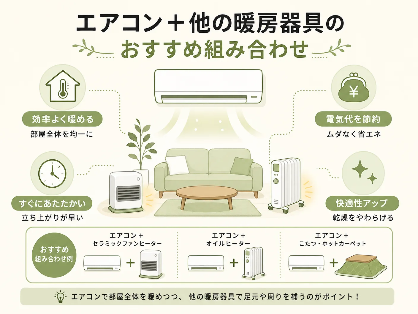 電気代 安いのエアコン＋他の暖房器具のおすすめ組み合わせを表す図解イラスト
