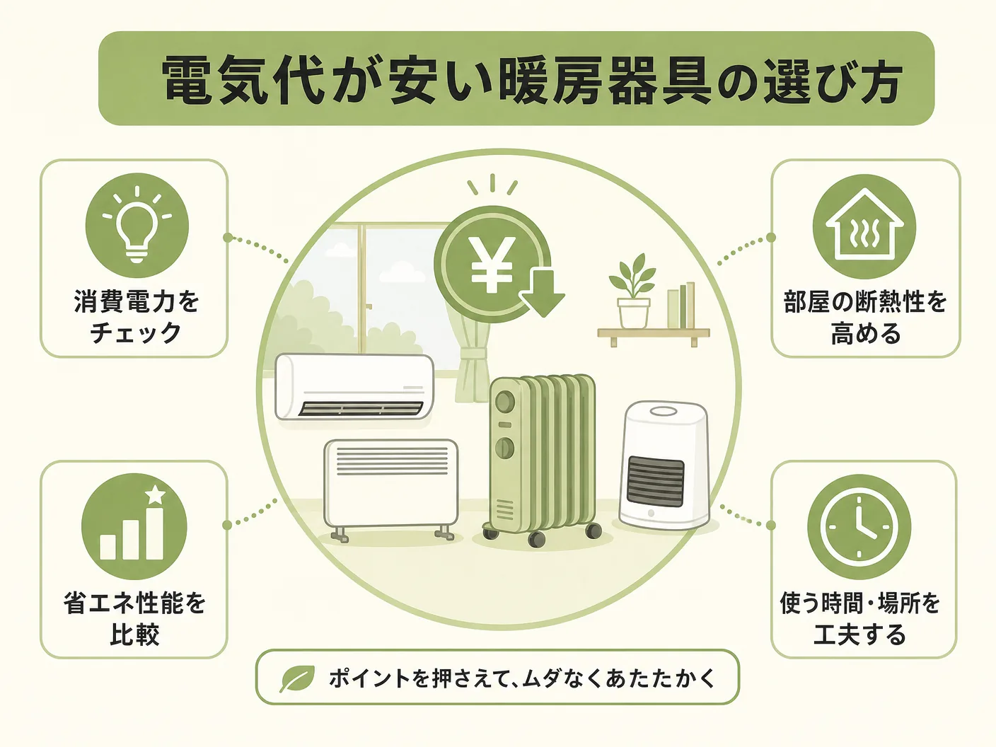 エアコンの電気代が安い暖房器具の選び方を表す図解イラスト