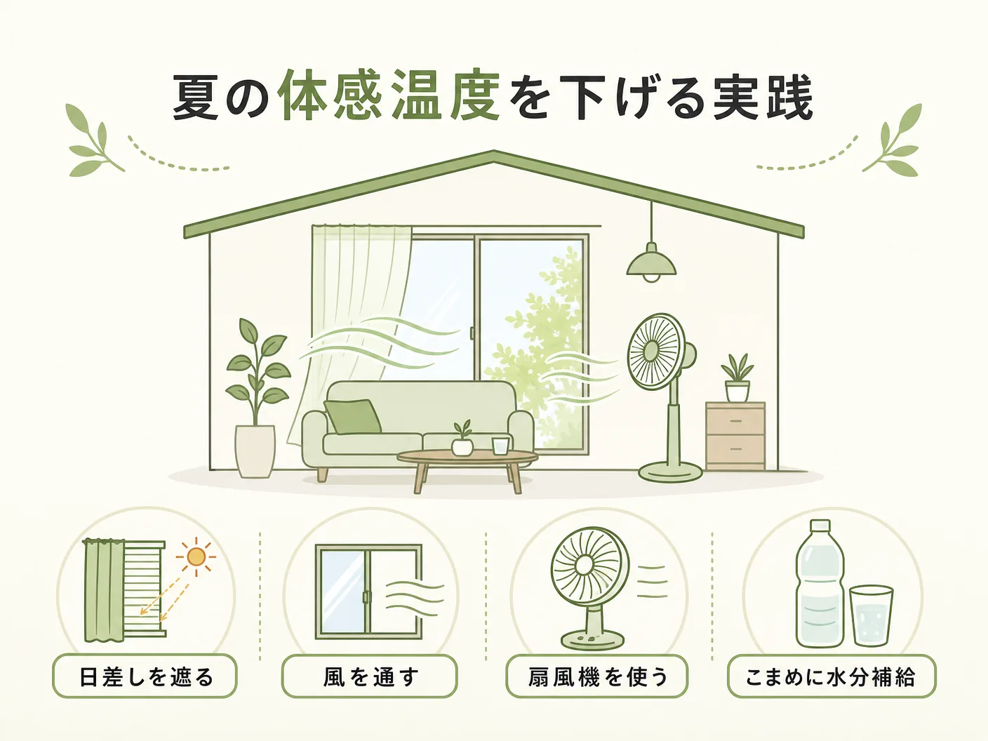 夏の体感温度を下げる実践的な方法を表す図解イラスト
