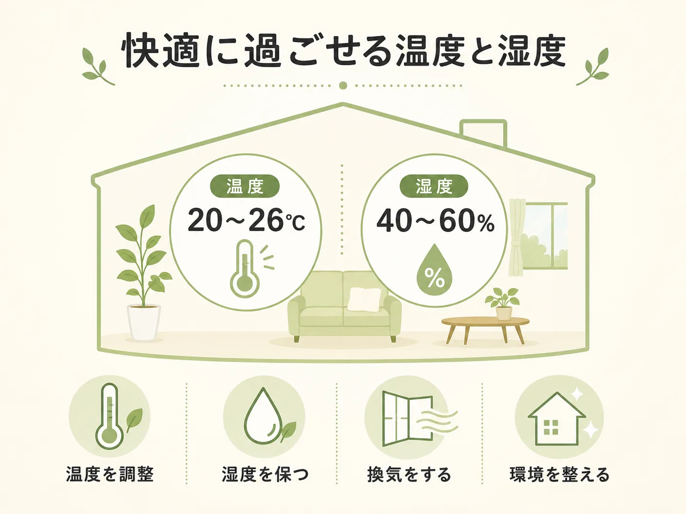 体感温度の快適に過ごせる温度と湿度の目安を表す図解イラスト