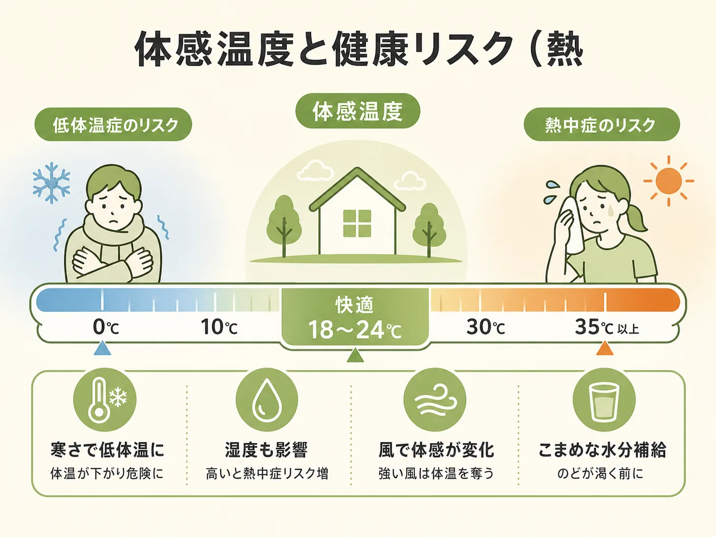 体感温度と健康リスク(熱中症・低体温症)の関係を表す図解イラスト