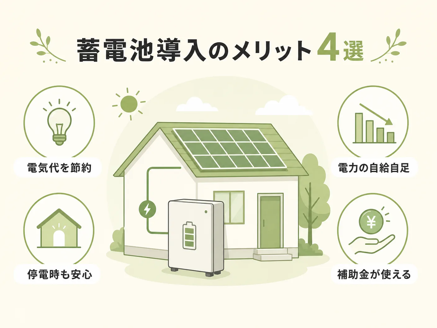 必要かの蓄電池導入のメリット4選を表す図解イラスト