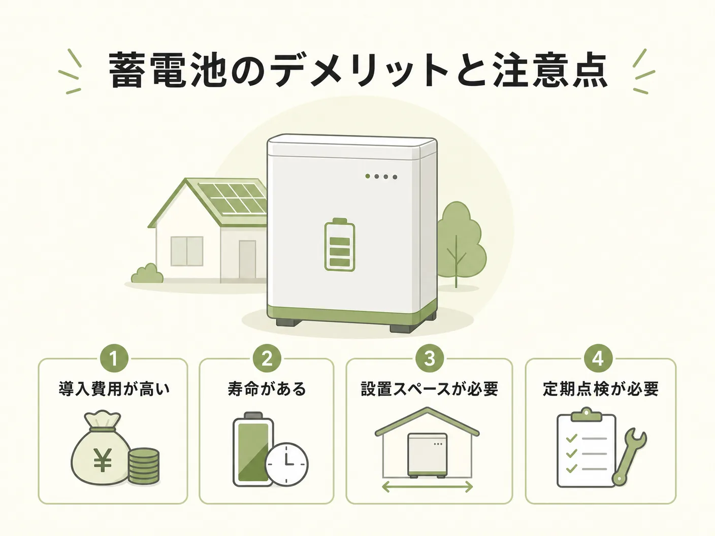 必要かの蓄電池のデメリットと注意点を表す図解イラスト