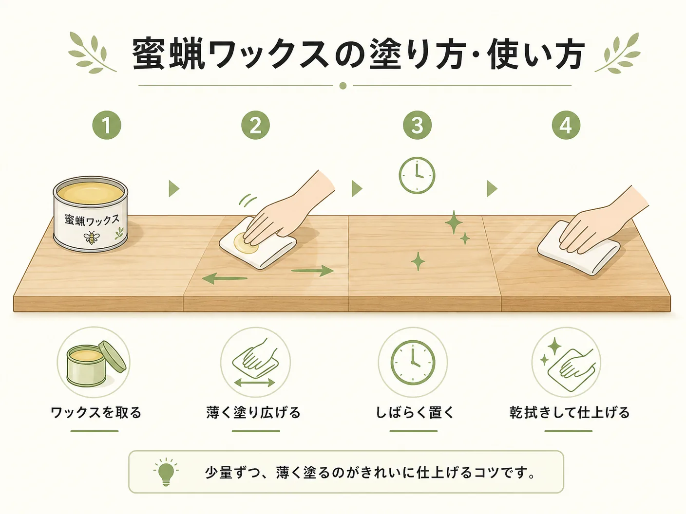 蜜蝋ワックスの作り方の蜜蝋ワックスの塗り方・使い方を表す図解イラスト