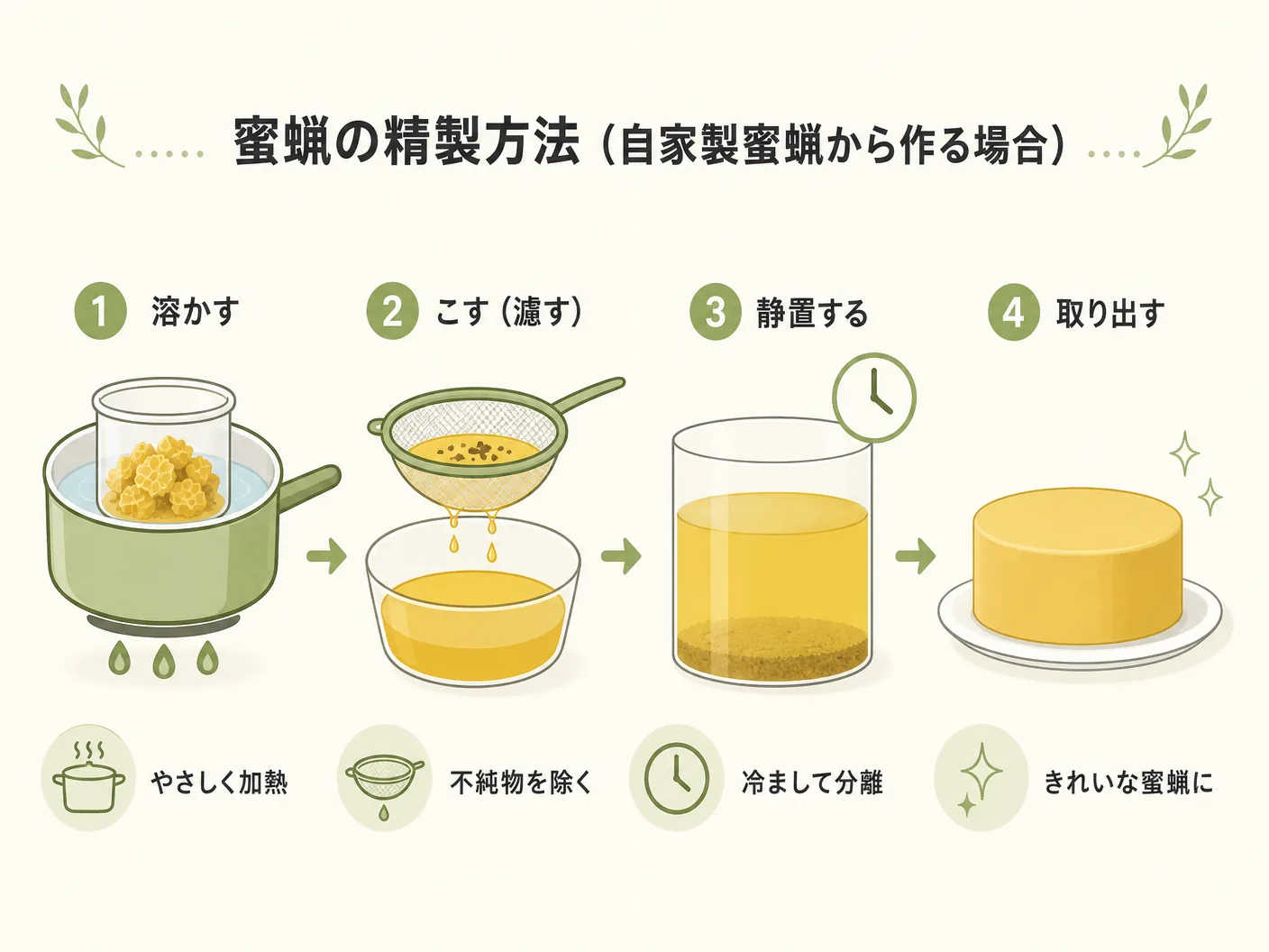 蜜蝋ワックスの作り方の蜜蝋の精製方法（自家製蜜蝋から作る場合）を表す図解イラスト