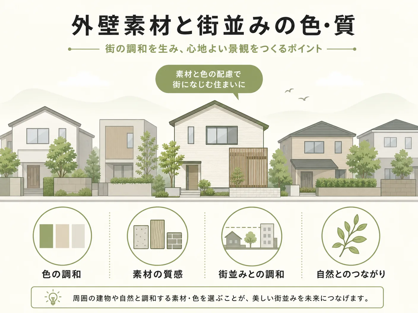 外観設計 窓 屋根の外壁素材と街並みの色・質感への配慮を表す図解イラスト