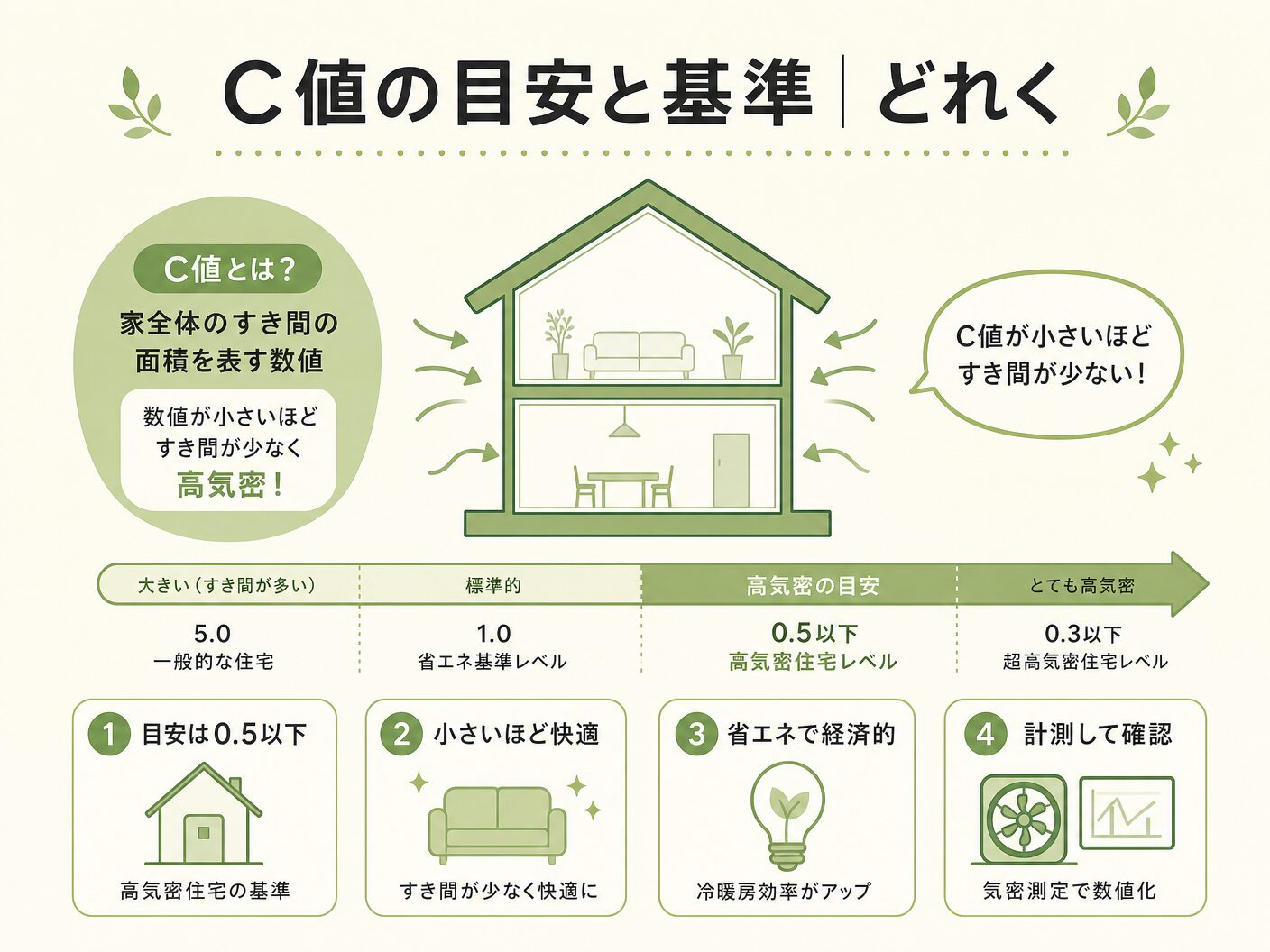 注文住宅のC値の目安と基準|どれくらいなら高気密住宅?を表す図解イラスト