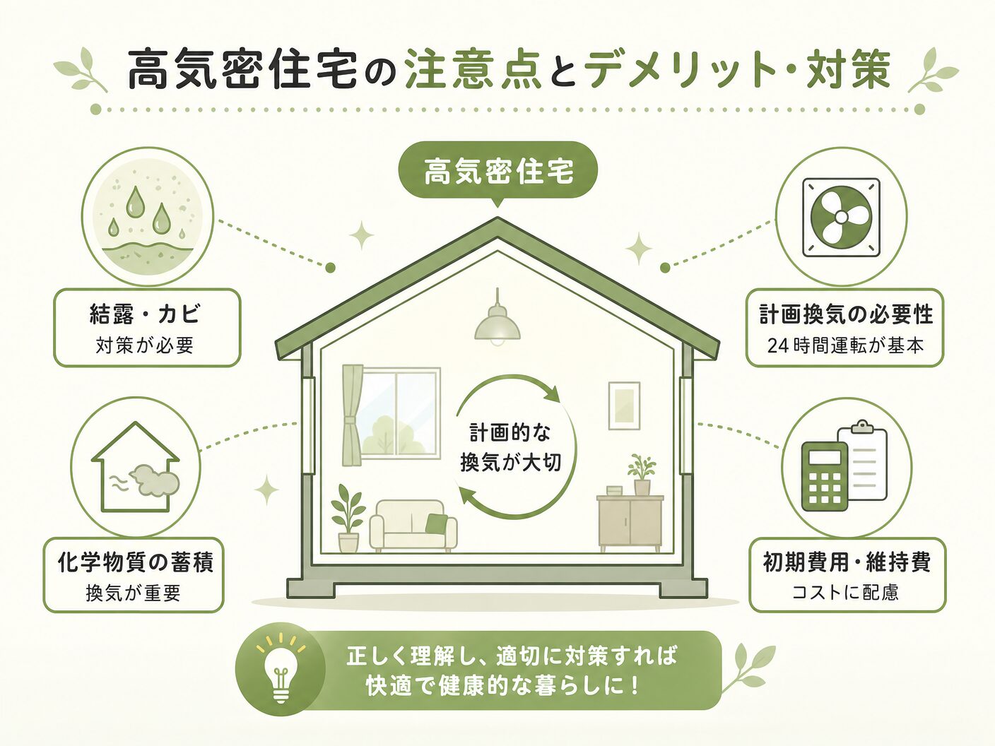 C値 目安 注文住宅の高気密住宅の注意点とデメリット・対策を表す図解イラスト