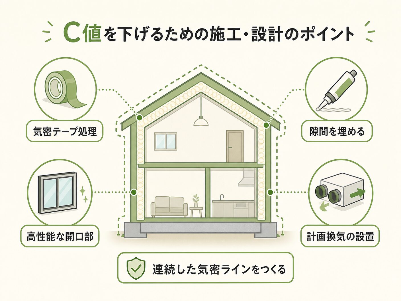 目安 注文住宅のC値を下げるための施工・設計のポイントを表す図解イラスト