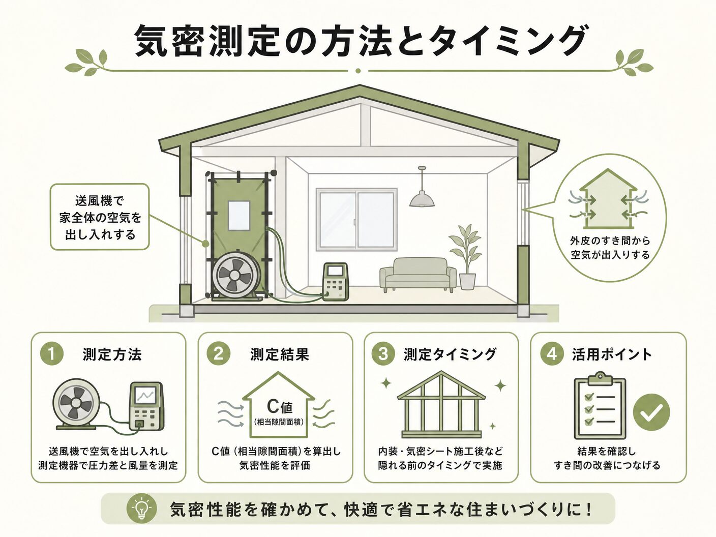 C値 目安 注文住宅の気密測定の方法とタイミングを表す図解イラスト