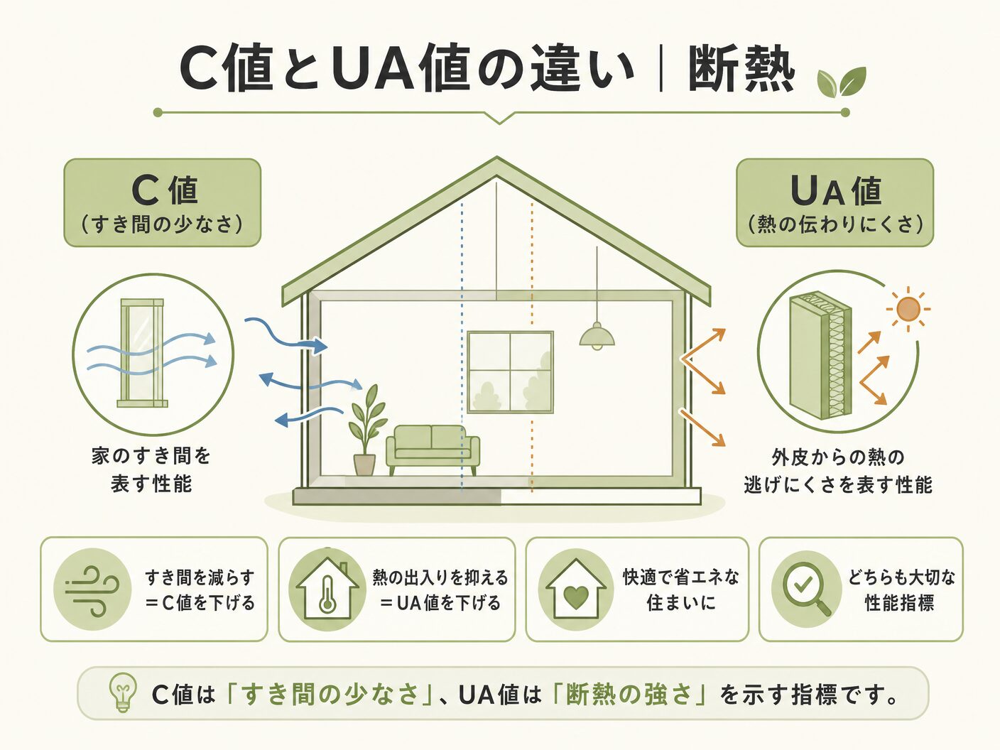 目安 注文住宅のC値とUA値の違い|断熱性能との関係を表す図解イラスト