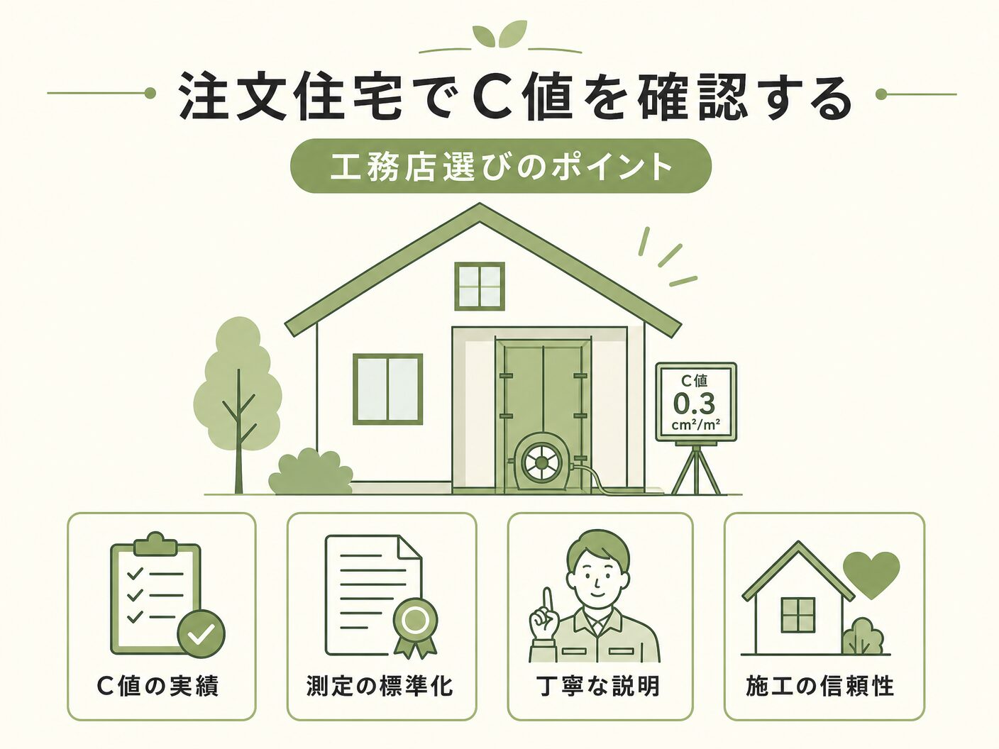 目安の注文住宅でC値を確認するための工務店選びを表す図解イラスト