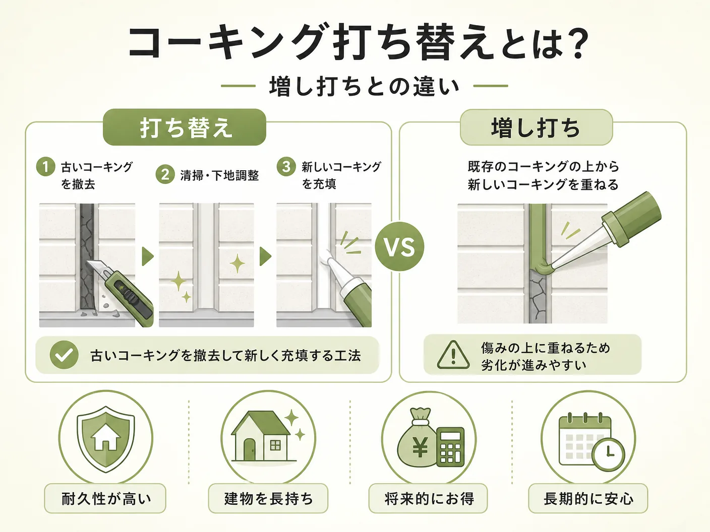 費用のコーキング打ち替えとは？増し打ちとの違いを表す図解イラスト