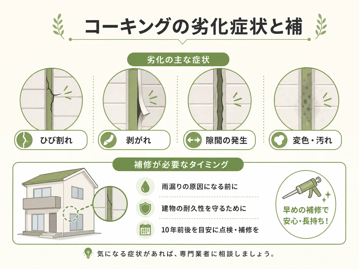 打ち替え 費用のコーキングの劣化症状と補修が必要なタイミングを表す図解イラスト