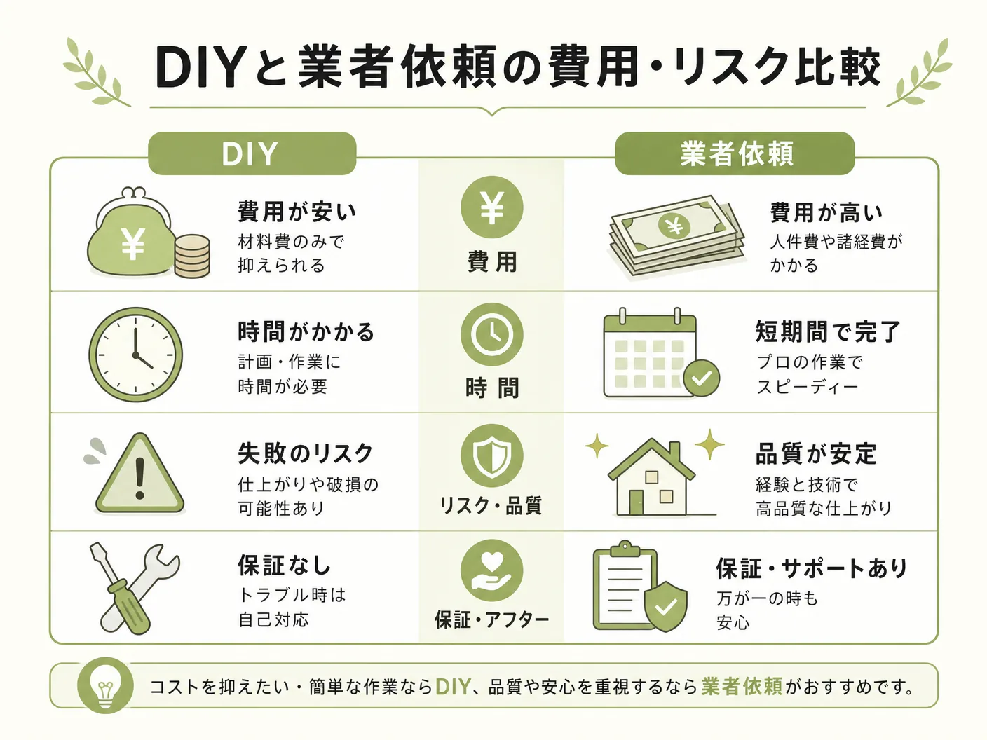 コーキング 打ち替えのDIYと業者依頼の費用・リスク比較を表す図解イラスト