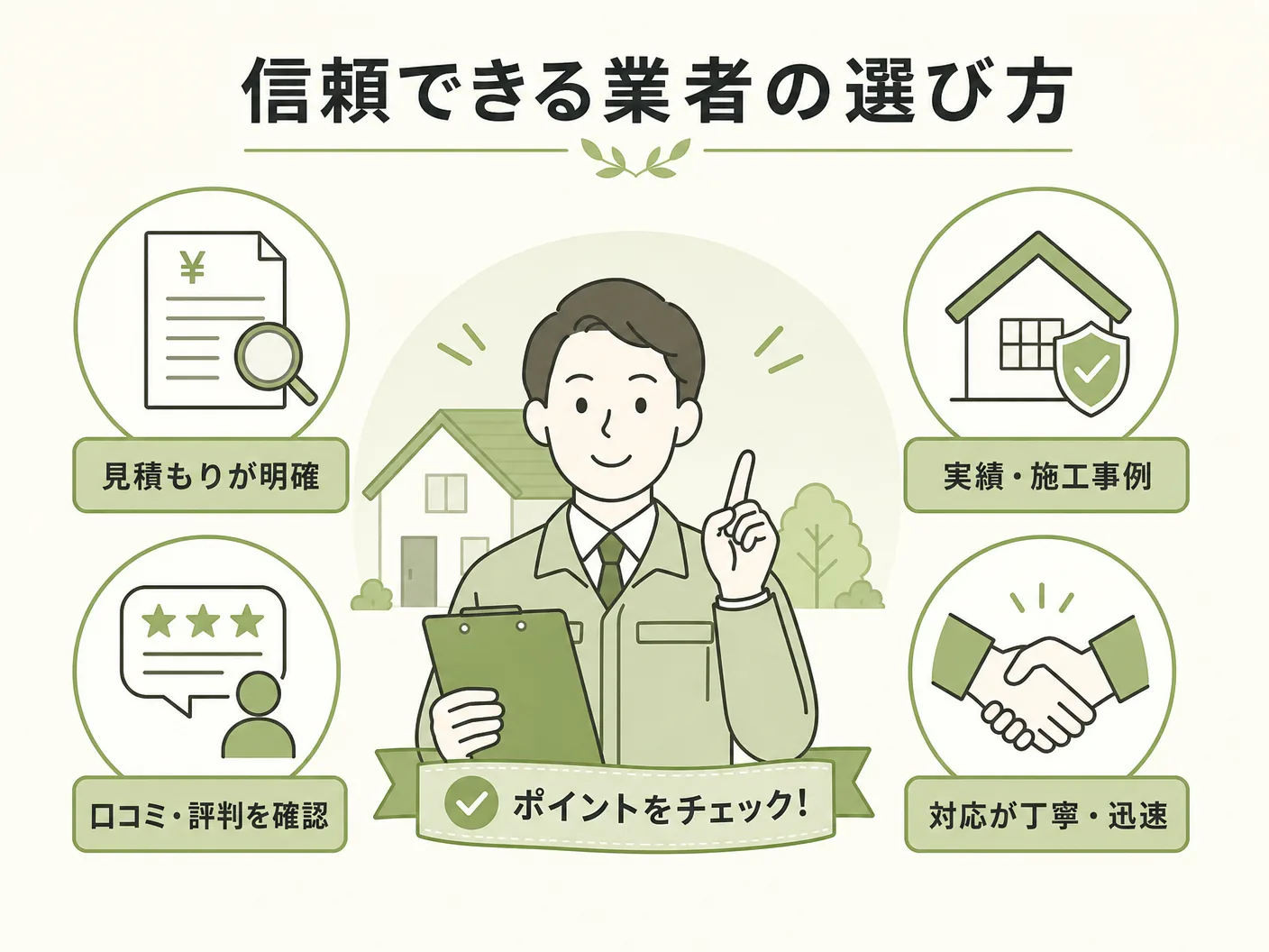 コーキング 打ち替え 費用の信頼できる業者の選び方を表す図解イラスト