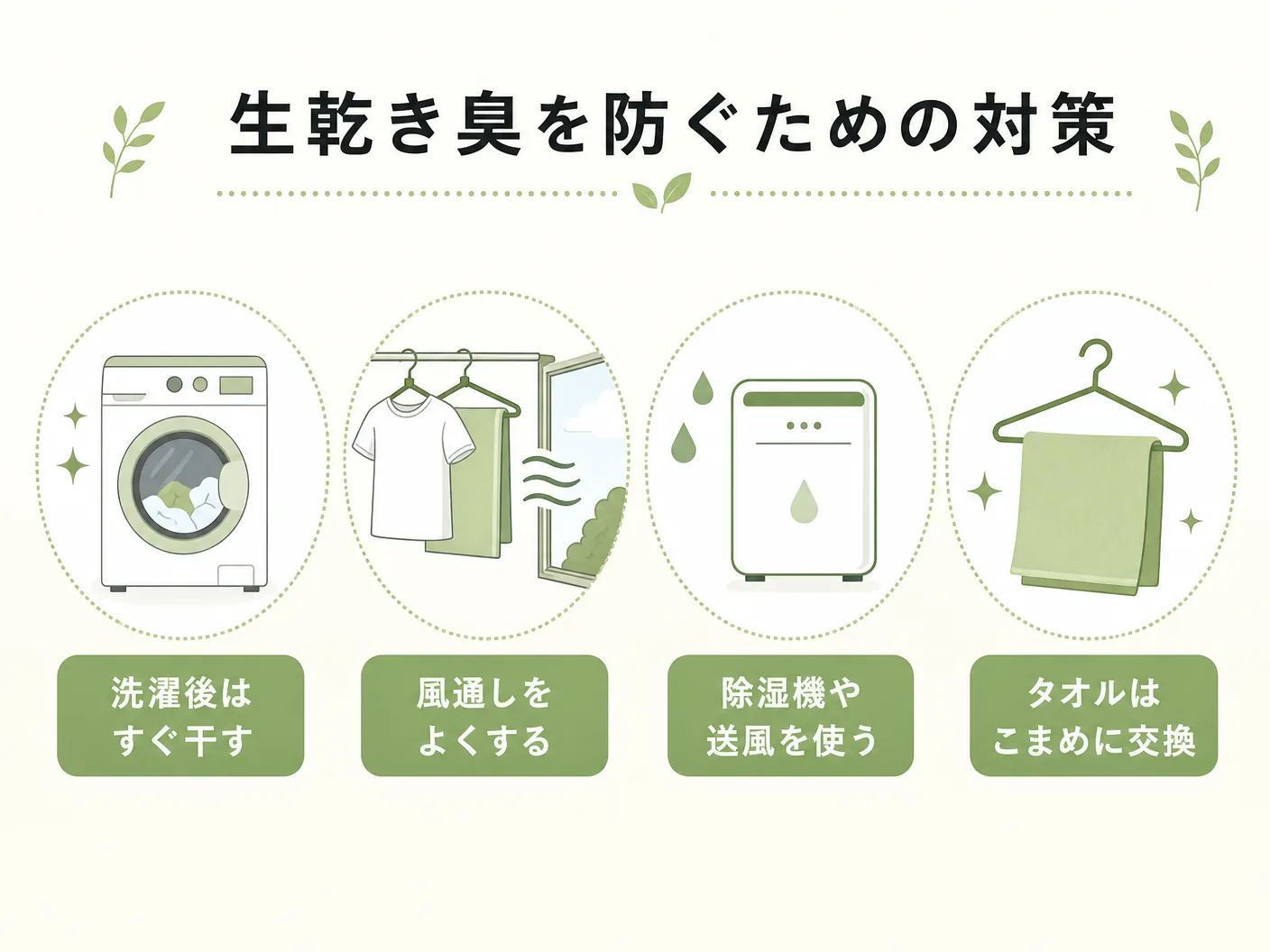 部屋干し 寒いの生乾き臭を防ぐための対策を表す図解イラスト