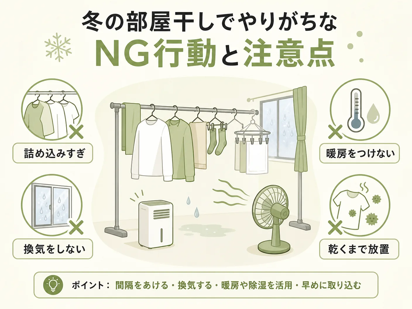 寒いの冬の部屋干しでやりがちなNG行動と注意点を表す図解イラスト