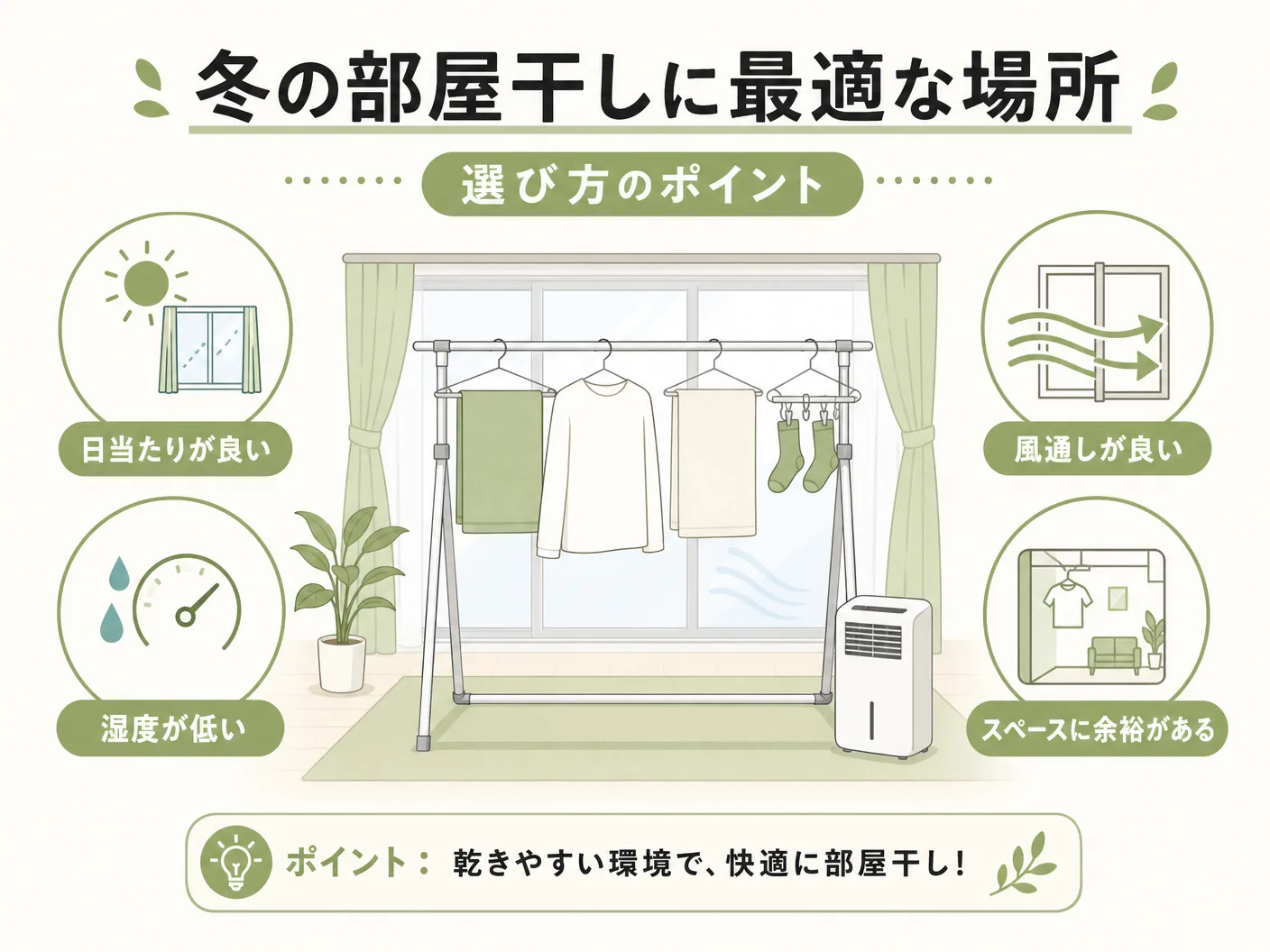 寒いの冬の部屋干しに最適な場所の選び方を表す図解イラスト