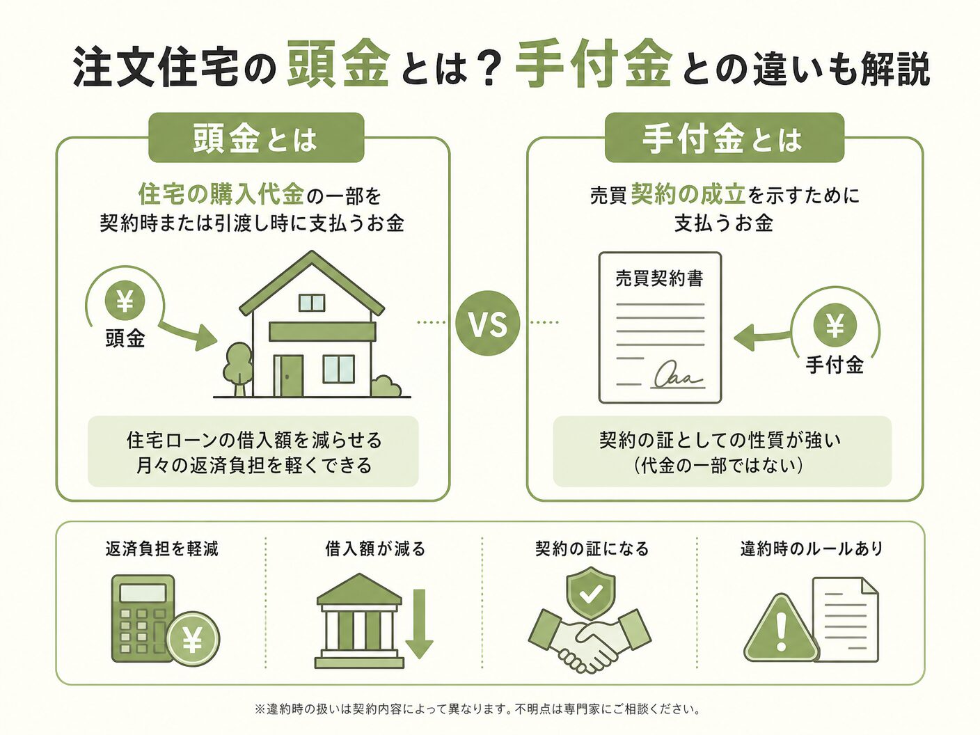 いくら必要の注文住宅の頭金とは?手付金との違いも解説を表す図解イラスト