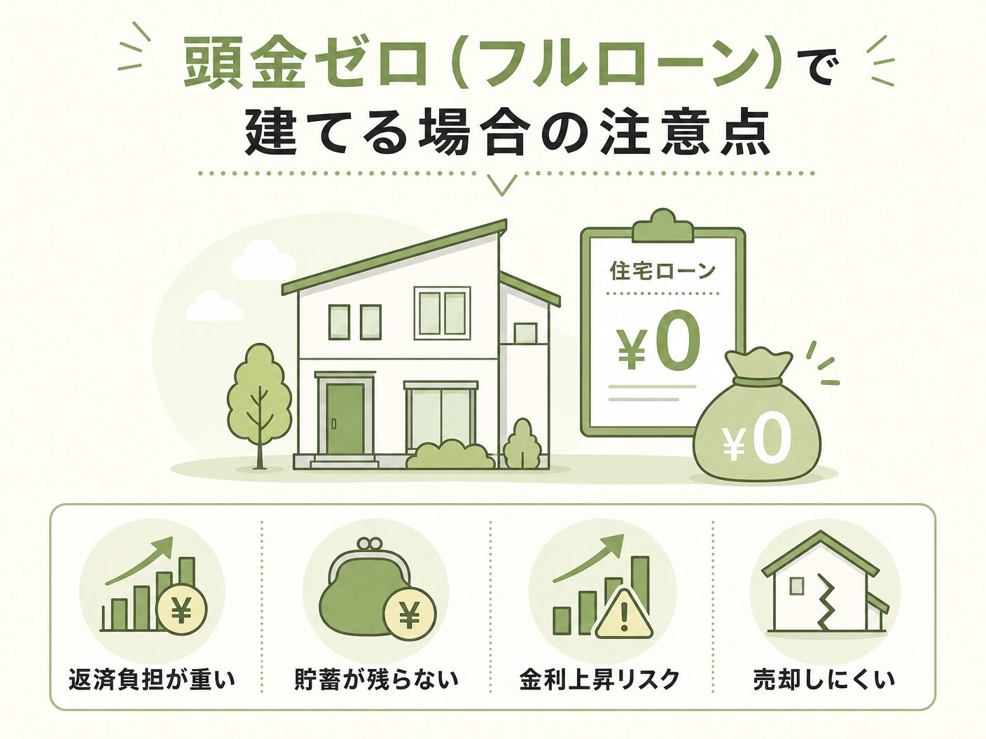 注文住宅 いくら必要の頭金ゼロ(フルローン)で建てる場合の注意点を表す図解イラスト