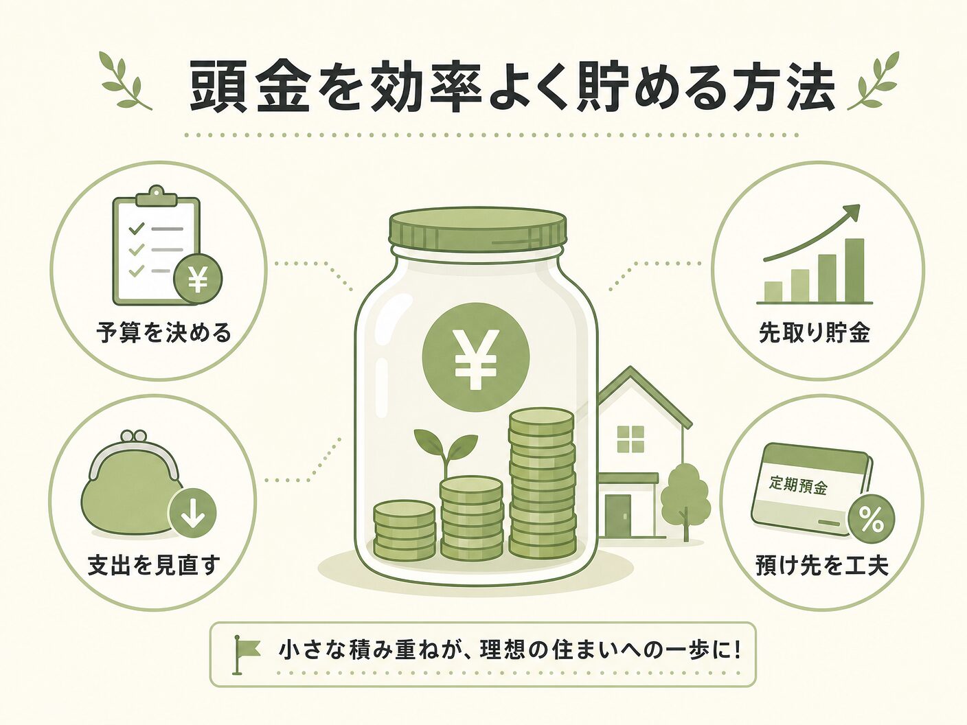 注文住宅 いくら必要の頭金を効率よく貯める方法を表す図解イラスト