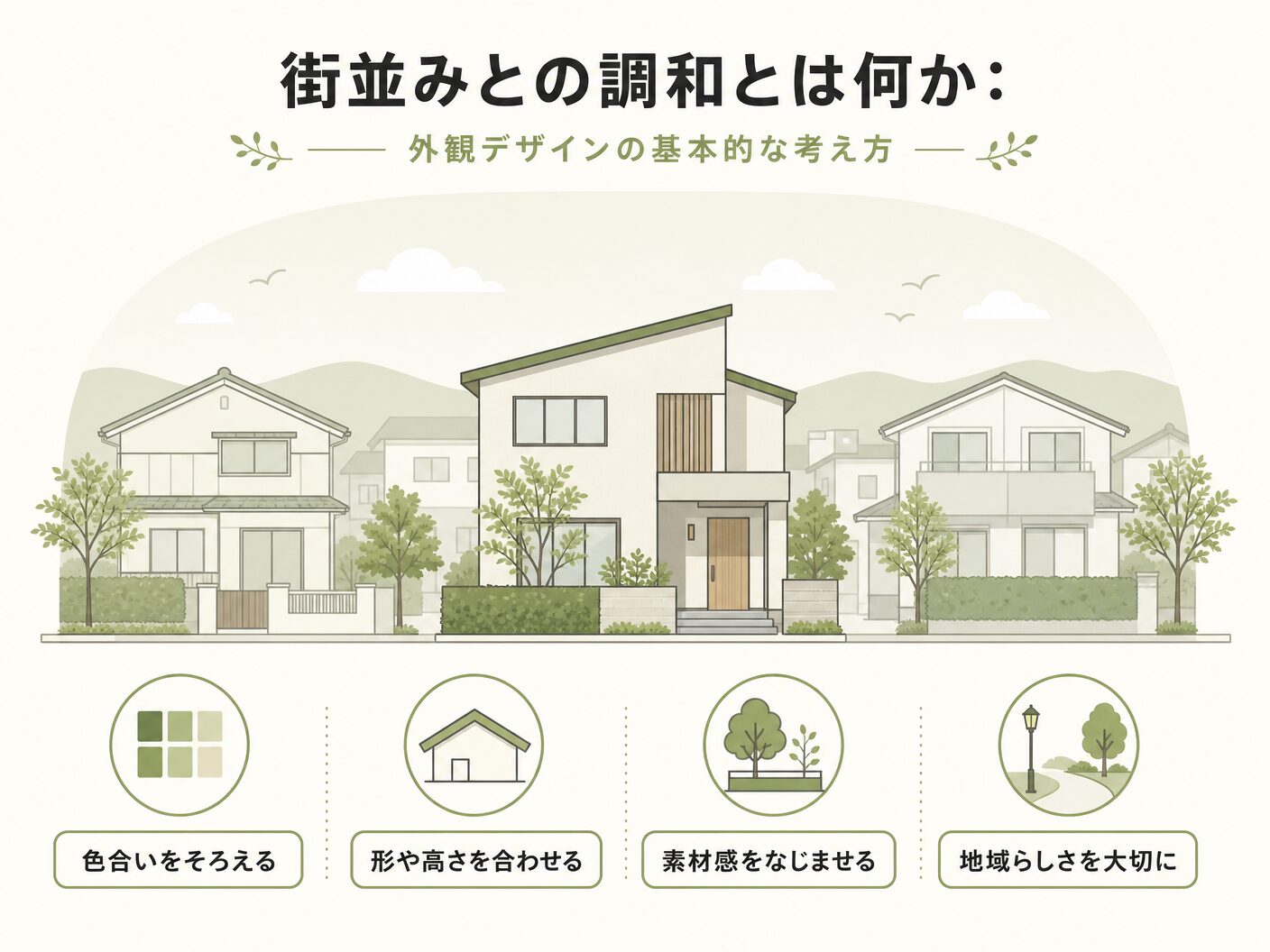 注文住宅の街並みとの調和とは何か:外観デザインの基本的な考え方を表す図解イラスト