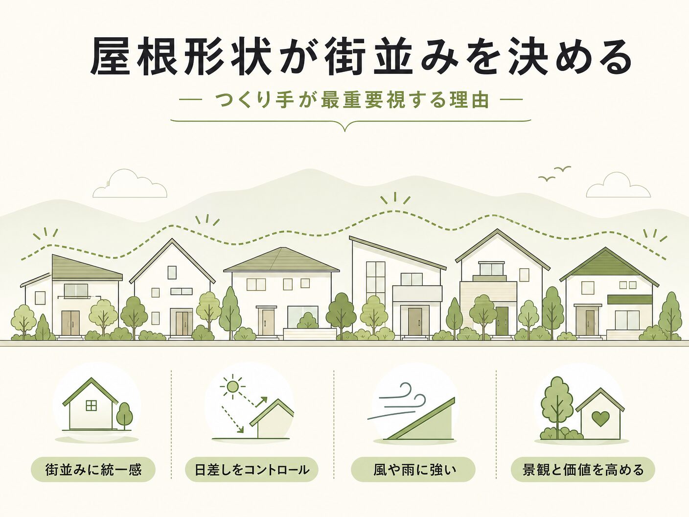 注文住宅 外観 調和の屋根形状が街並みを決める:つくり手が最重要視する理由を表す図解イラスト