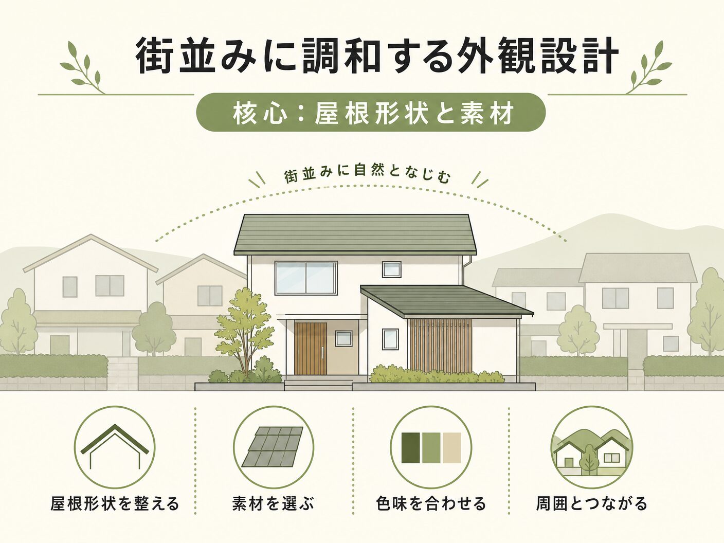 注文住宅の街並みに調和する外観設計の核心:屋根形状と素材を表す図解イラスト