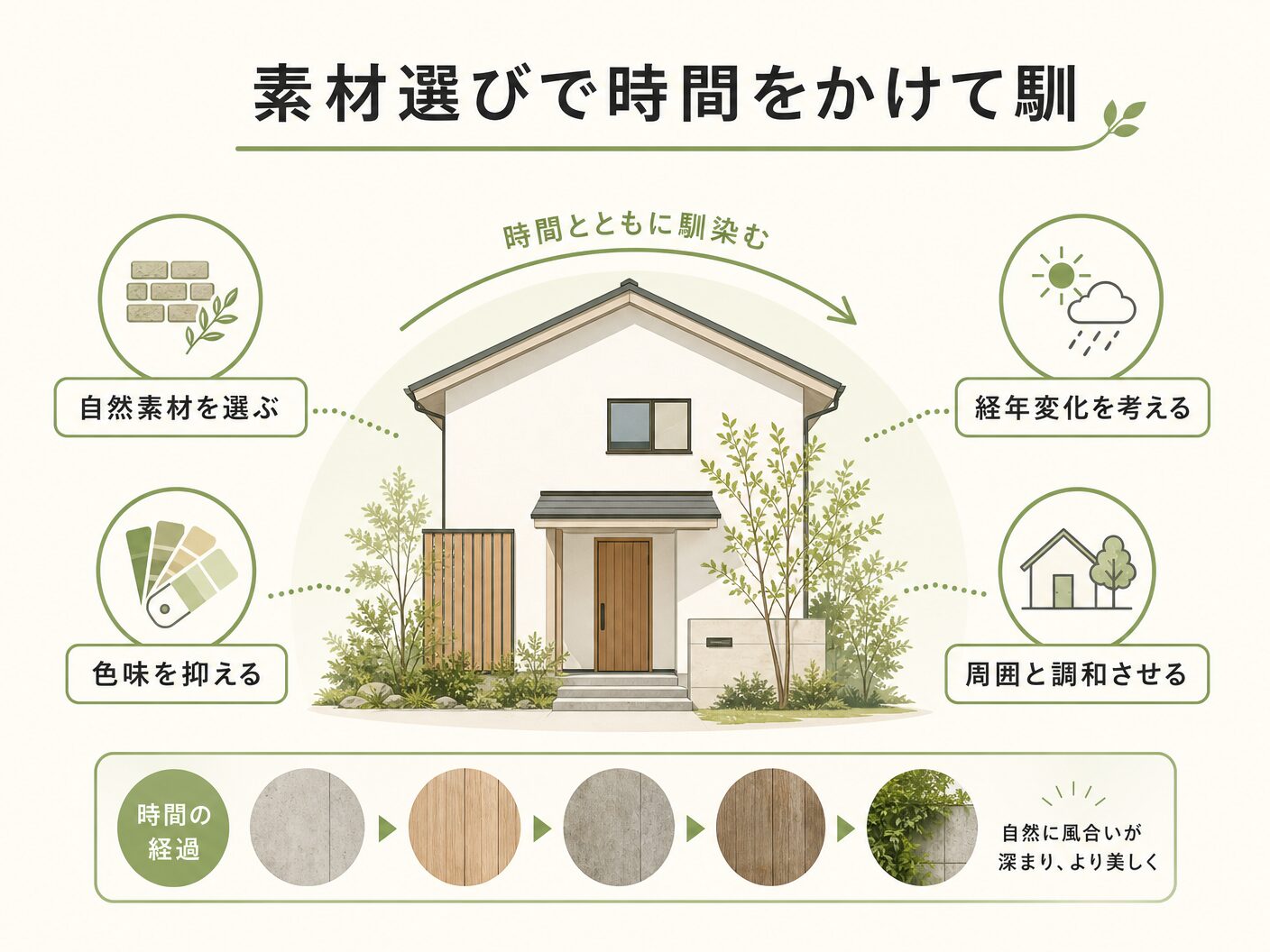 注文住宅 街並み 調和の素材選びで時間をかけて馴染む外観をつくるを表す図解イラスト