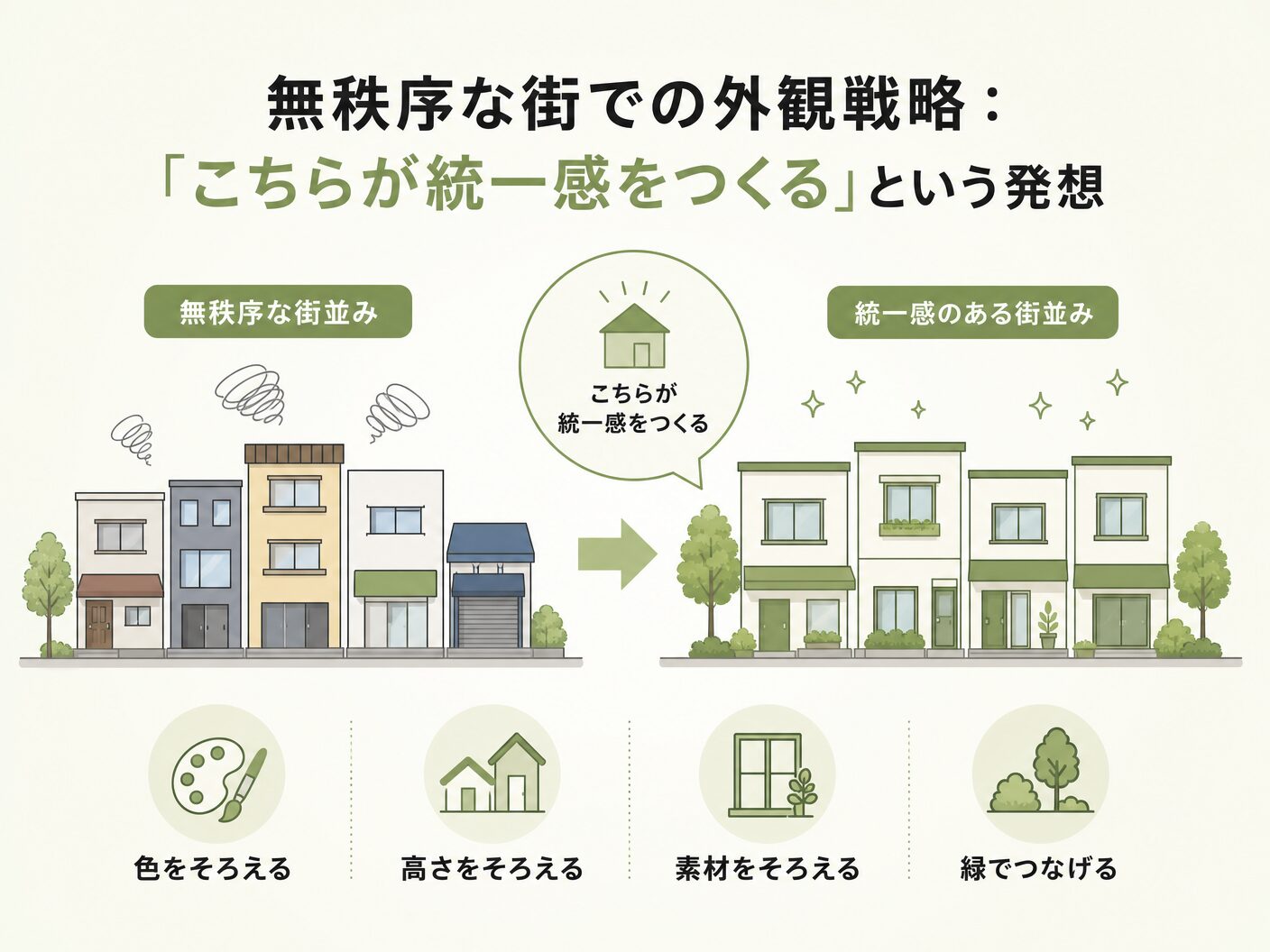 注文住宅 街並み 調和の無秩序な街での外観戦略:「こちらが統一感をつくる」という発想を表す図解イラスト