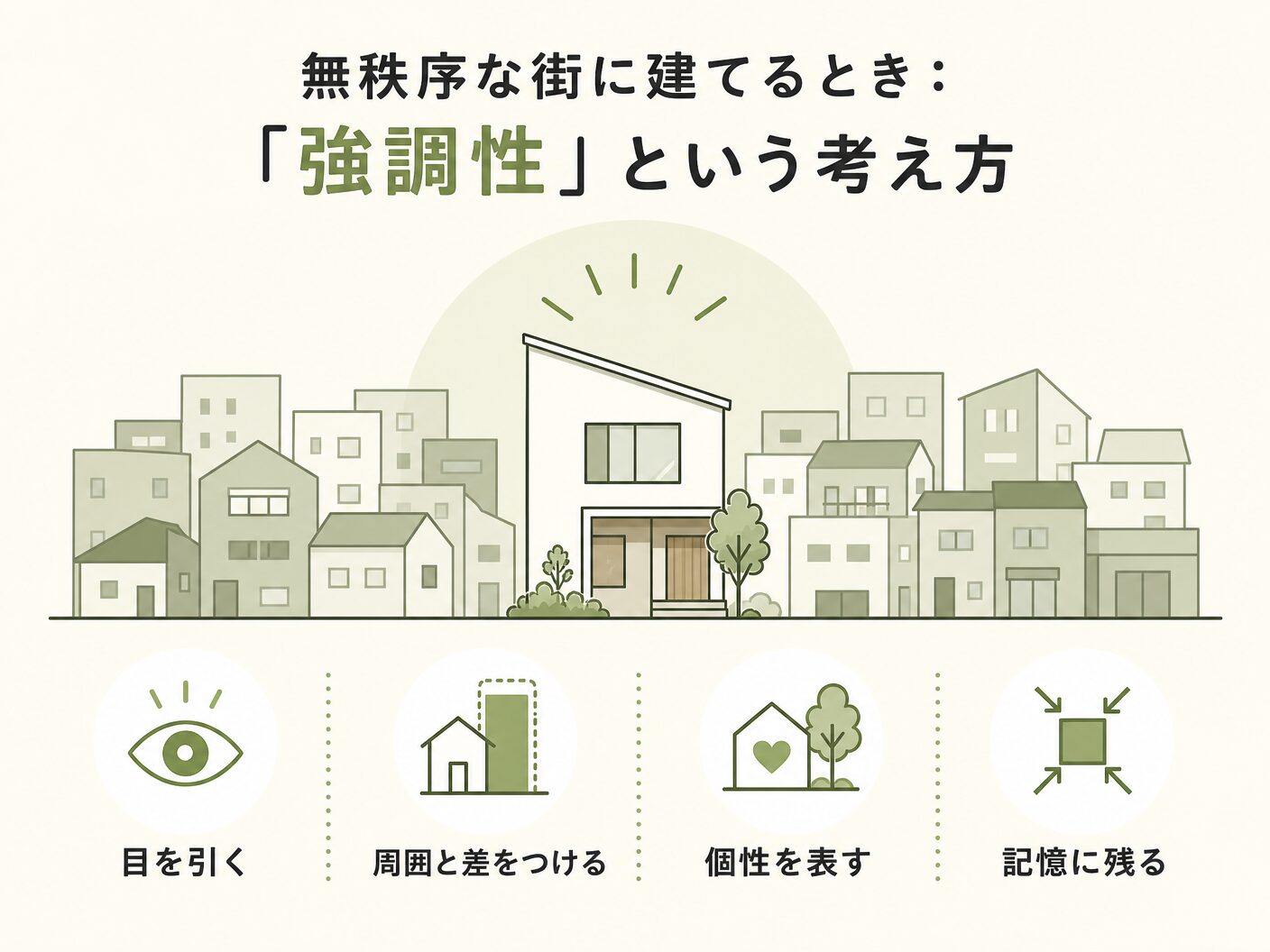 注文住宅 外観 街並み 調和の無秩序な街に建てるとき:「強調性」という考え方を表す図解イラスト