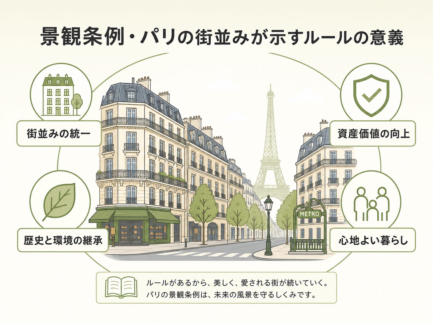 注文住宅 外観 調和の景観条例・パリの街並みが示すルールの意義を表す図解イラスト