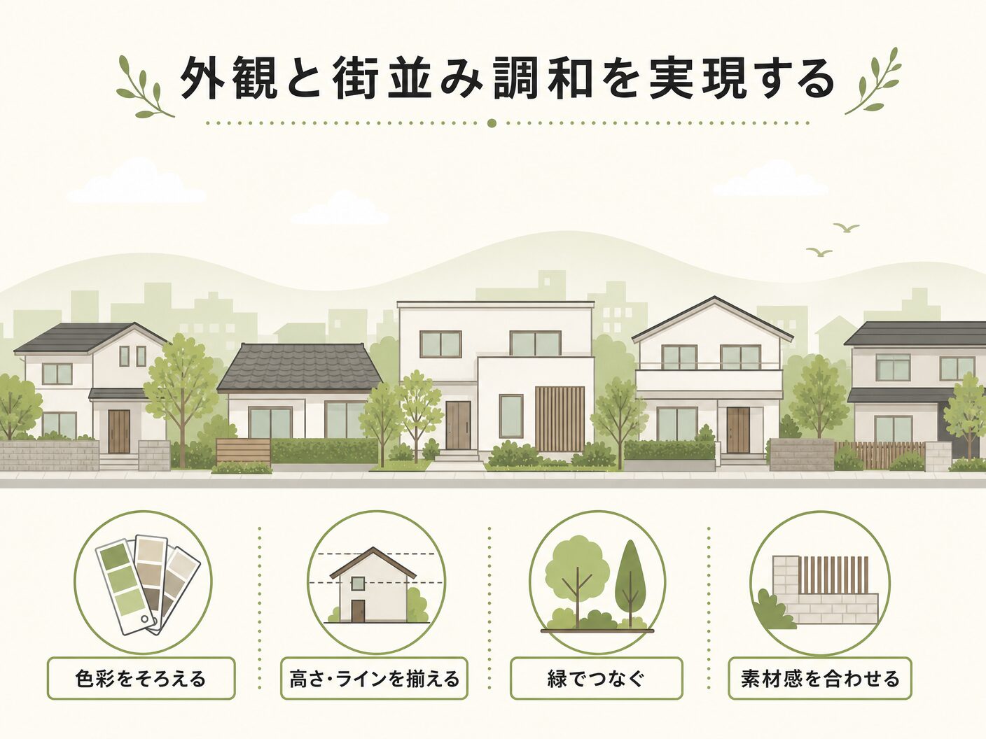 注文住宅の外観と街並み調和を実現するための実践ポイントを表す図解イラスト