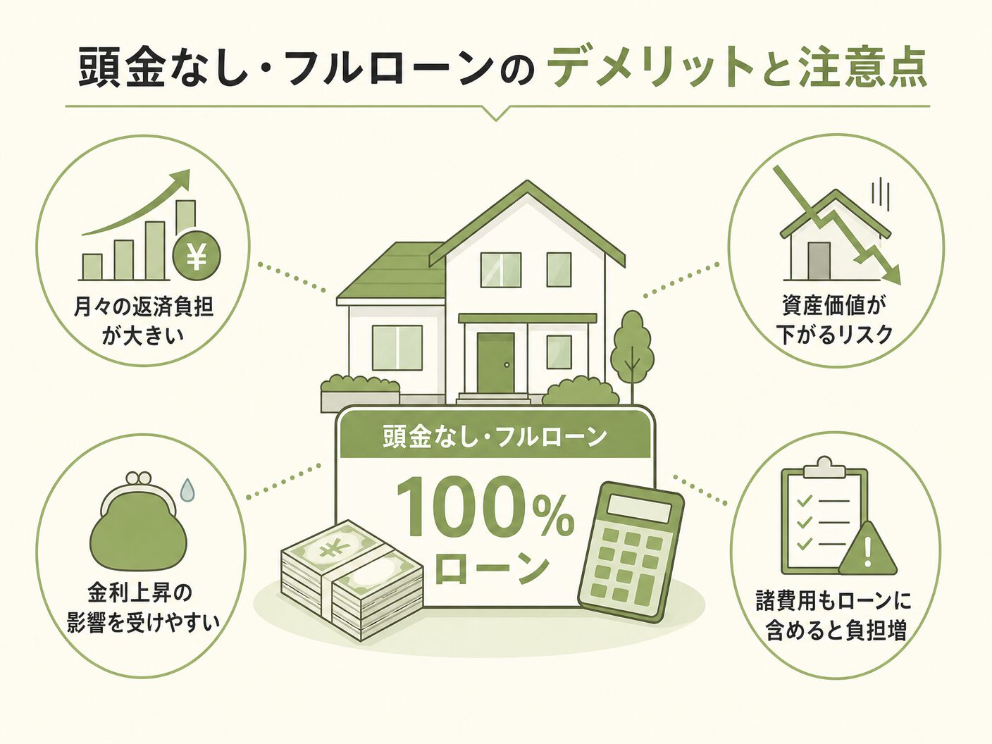 注文住宅の頭金なし・フルローンのデメリットと注意点を表す図解イラスト